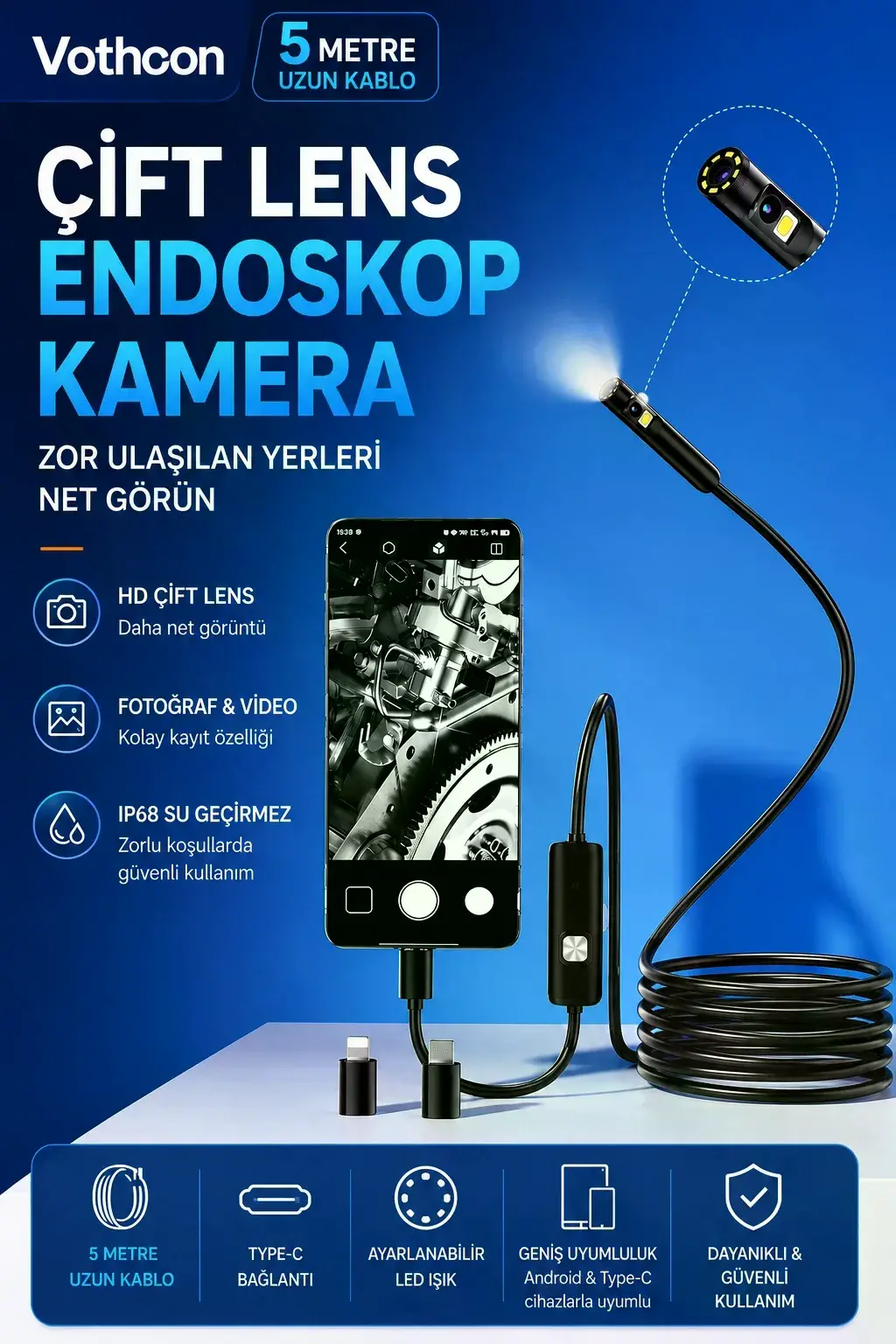 5 Metre Çift Kameralı iOS/Android Uyumlu Yılan Endoskop Kamera 8mm 2MP LED’li Sert Kablo