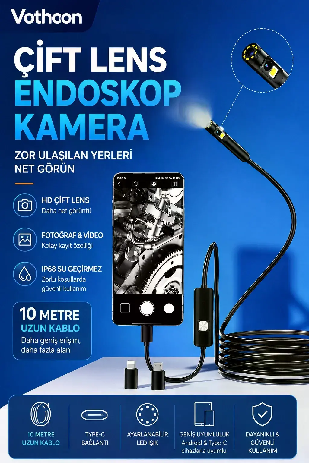 10 Metre Çift Kameralı iOS/Android Uyumlu Yılan Endoskop Kamera 8mm 2MP LED’li Sert Kablo