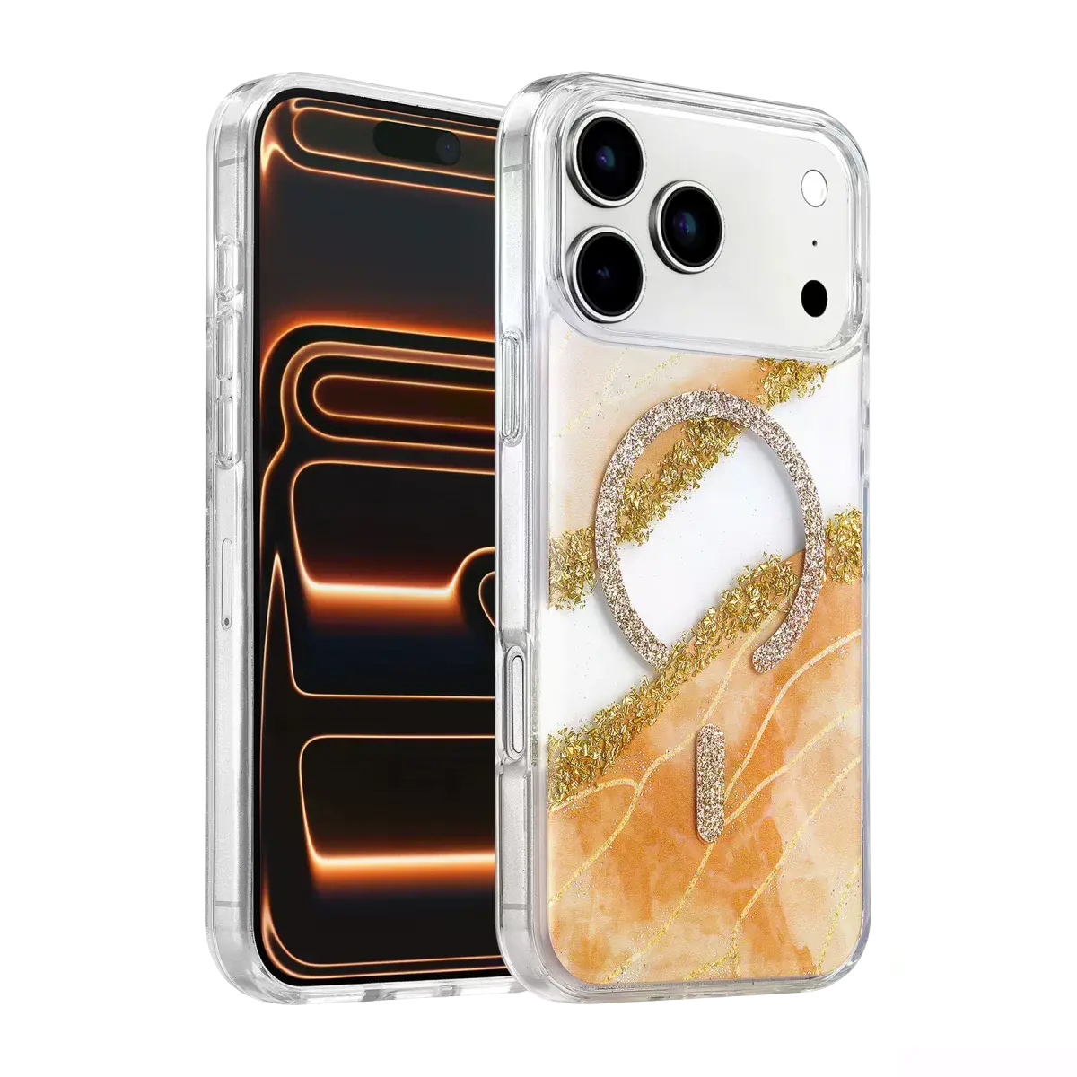Onegif İphone 17 Pro Max Lotus Simli Magsafe Kapak - Turuncu