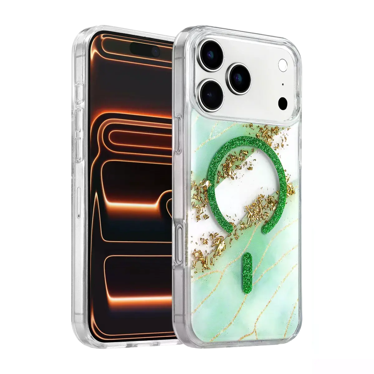 Onegif  İphone 17 Pro Max/18 Pro Max Lotus Simli Magsafe Kapak - Yeşil