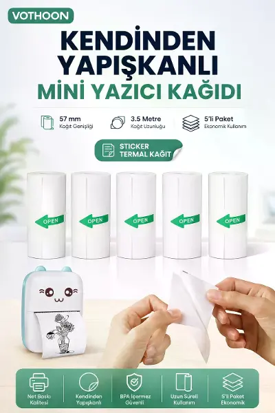 Kendinden Yapışkanlı Çocuk Kamera Baskı Kağıdı, 5’li Rulo 57X25MM Baskı Termal Kağıt Rulo