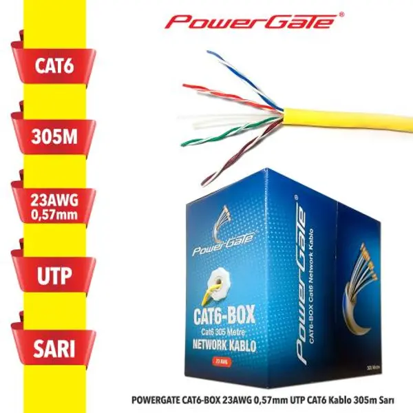 CAT6-BOX-YL, 23AWG, 0,57mm, UTP, CAT6 Kablo, 305m, Sarı