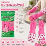 10 ADET SU GEÇİRMEZ - UZUN KOLLU L ÇİÇEK DESEN SİLİKON ELDİVEN MUTFAK - BANYO (4745)-2