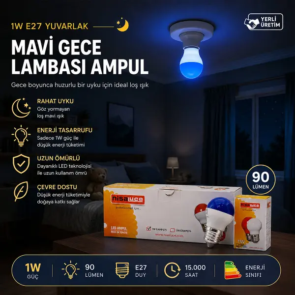 10 ADET 1W E27 MAVİ YUVARLAK GECE LAMBASI LED AMPUL EAMP-075 (4745)