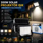 200W GÜNEŞ ENERJİLİ LED IŞIK SOLAR PROJEKTÖR - FENER KAMP - DIŞ MEKAN 3 FARKLI LED IŞIK 348961 LMB (4745)-2