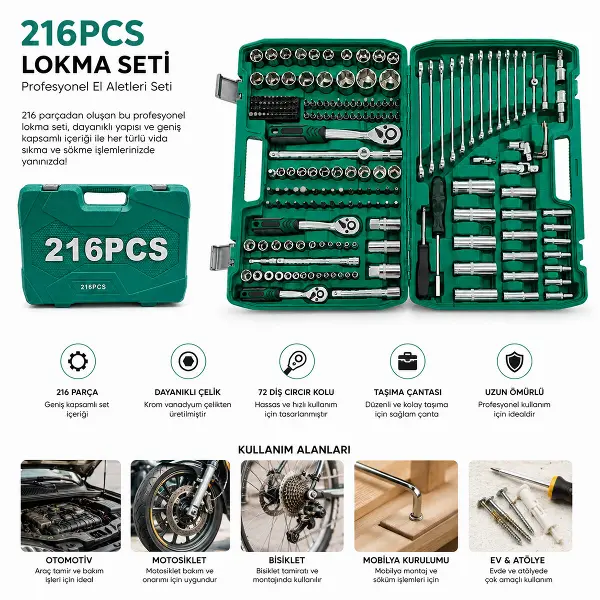 216PCS LOKMA SETİ LOKMA - SOKET - BİTS ADAPTÖR - 3AD.CIRCIR KOLU PLASTİK ÇANTALI (4745)