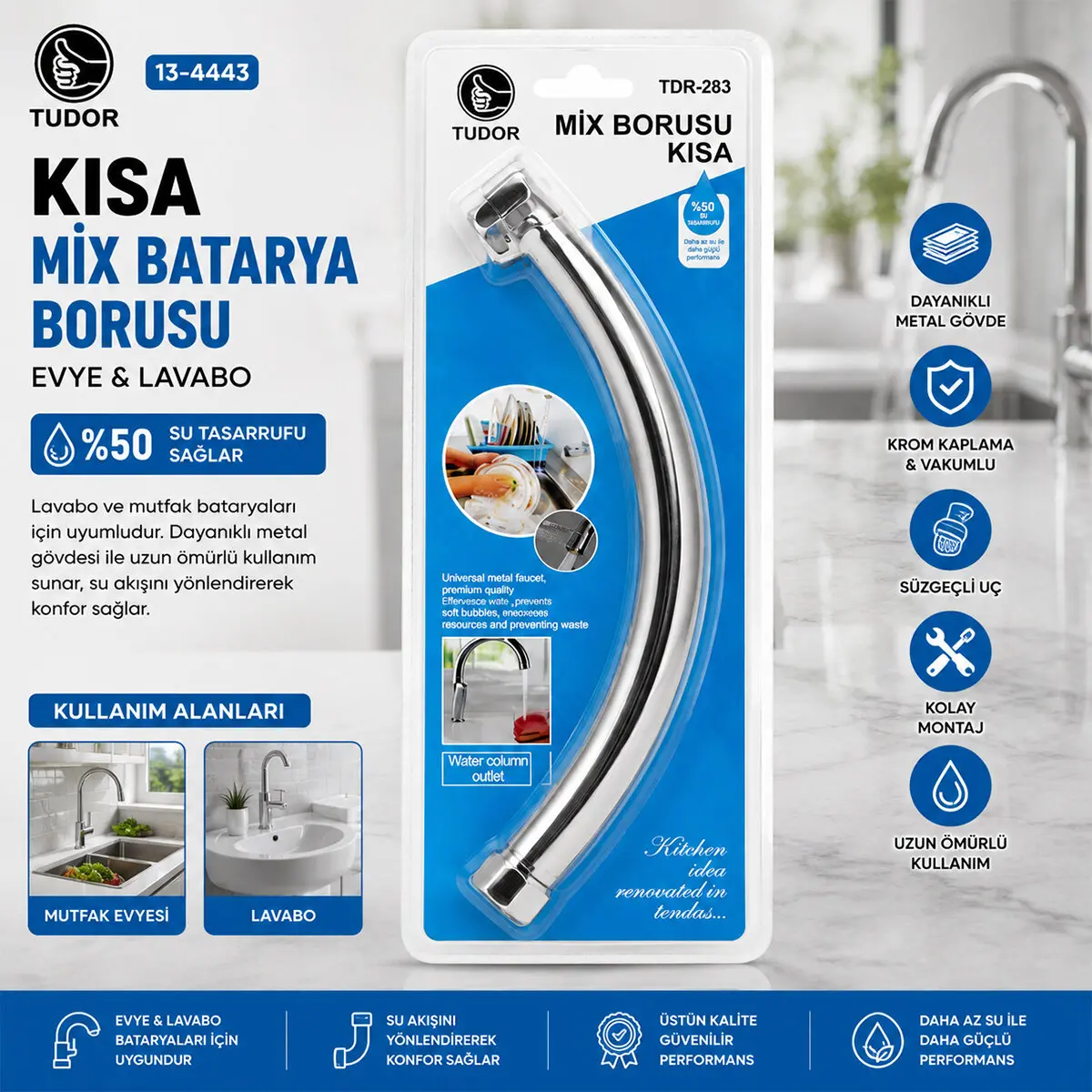 KUĞU EVYE - LAVABO KISA MİX BATARYA BORUSU KROM KAPLAMA - VAKUMLU - SÜZGEÇLİ UÇ (4745)