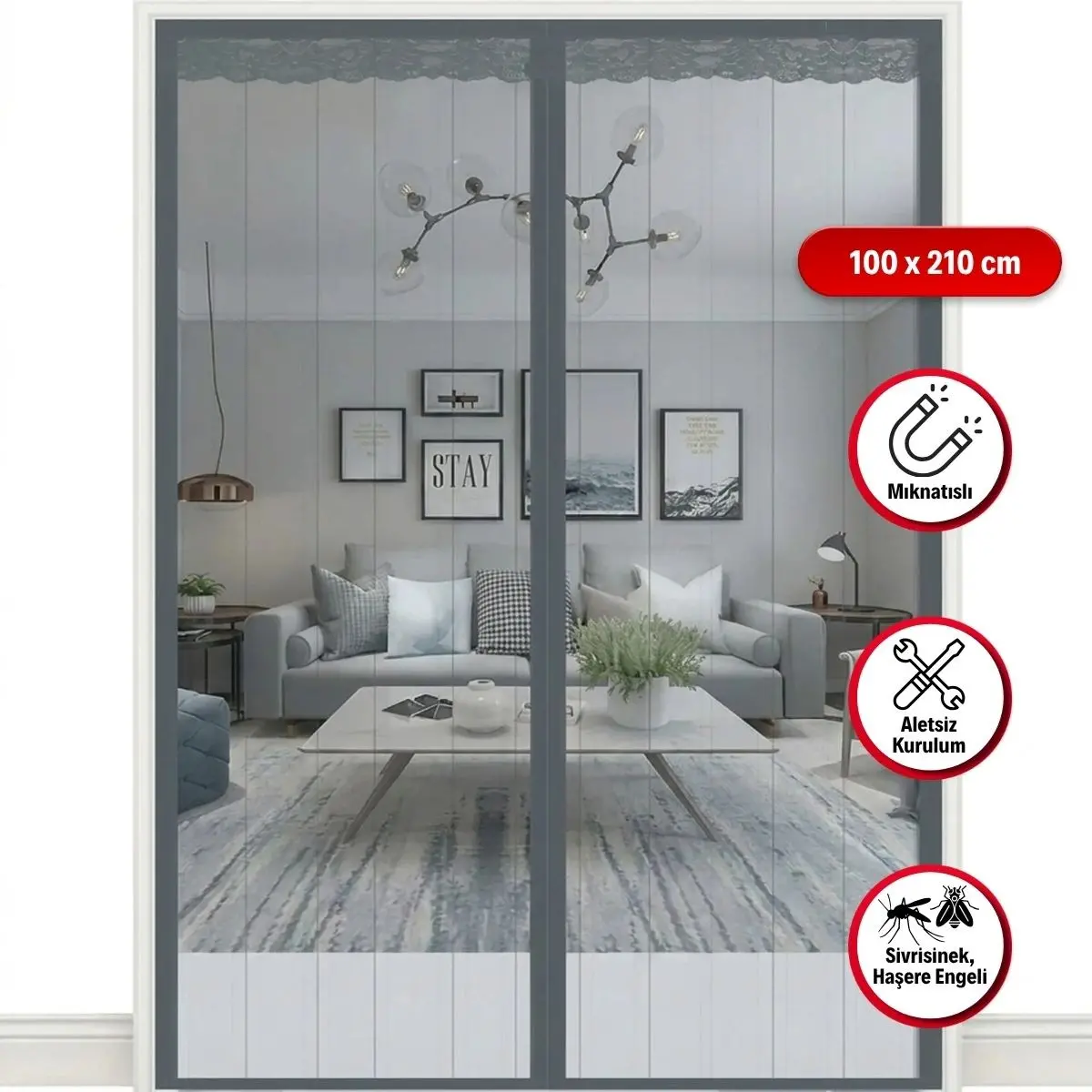 Mıknatıslı Kapı Sinekliği Gri 100x210 cm Otomatik Kapanan Manyetik Tül Sineklik (4745)