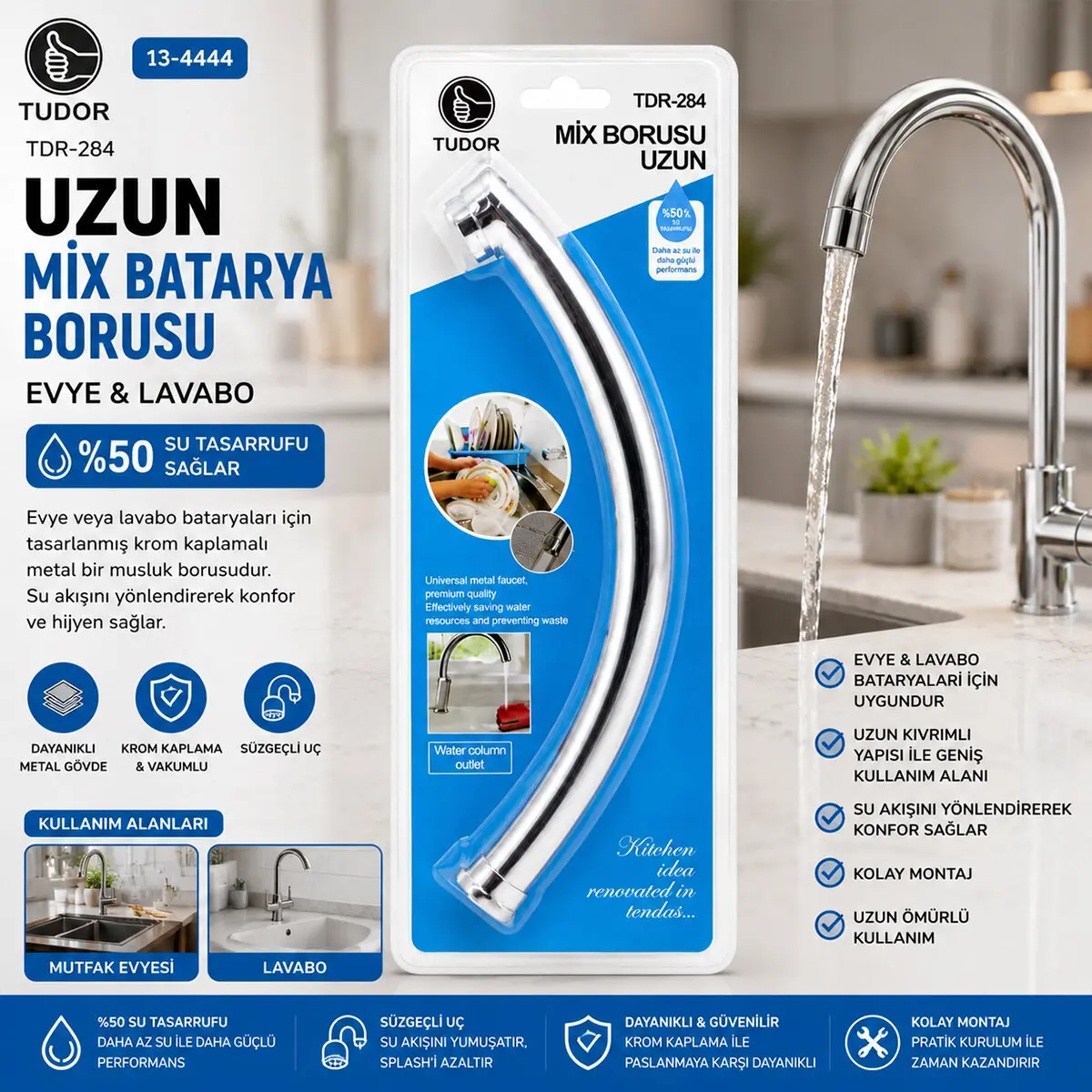 KUĞU EVYE - LAVABO UZUN MİX BATARYA BORUSU KROM KAPLAMA - VAKUMLU - SÜZGEÇLİ UÇ (4745)
