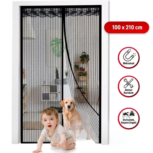 Mıknatıslı Kapı Sinekliği Siyah 100x210 cm Otomatik Kapanan Manyetik Tül Sineklik (4745)