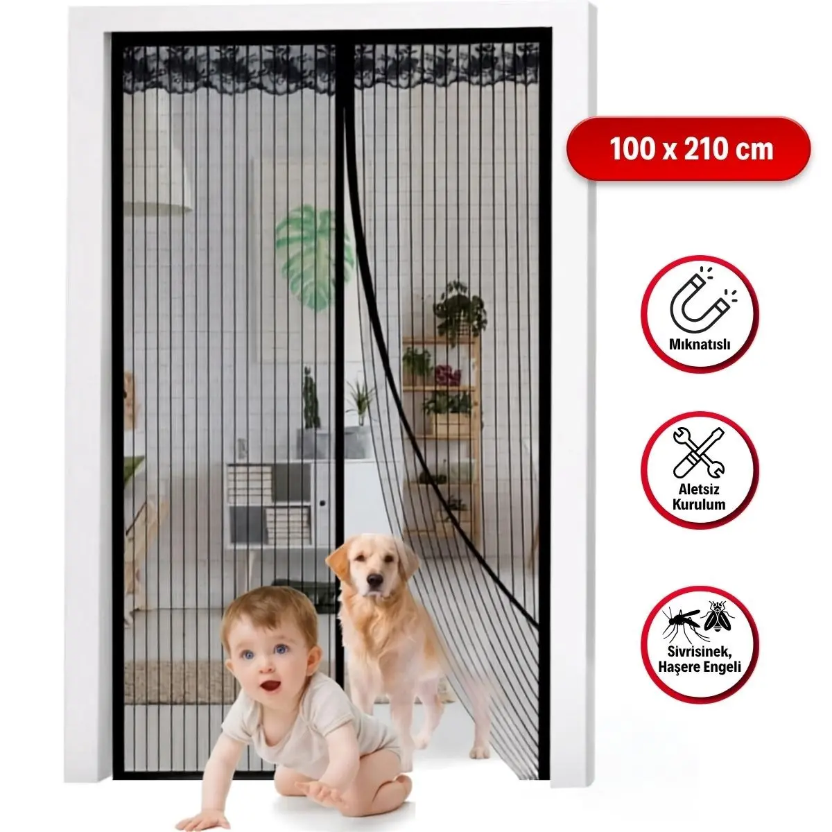 Mıknatıslı Kapı Sinekliği Siyah 100x210 cm Otomatik Kapanan Manyetik Tül Sineklik (4745)
