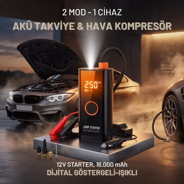 Akü Takviye Cihazı ve Lastik Şişirme Pompası – Powerbank Özellikli, Dijital Ekranlı SOS Fenerli Taşınabilir Kompresör (4745)