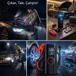 Akü Takviye Cihazı ve Lastik Şişirme Pompası – Powerbank Özellikli, Dijital Ekranlı SOS Fenerli Taşınabilir Kompresör (4745)-2