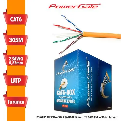 CAT6-BOX-OR, 23AWG, 0,57mm, UTP, CAT6 Kablo, 305m, Turuncu