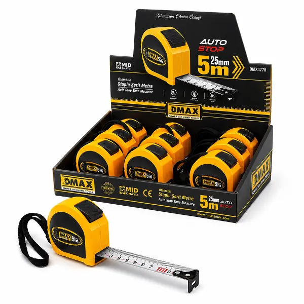 12 ADET 5MT X 25MM OTOMATİK ÇELİK ŞERİT METRE STOPLU (4745)