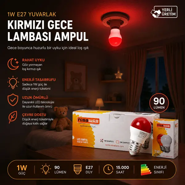 10 ADET 1W E27 KIRMIZI YUVARLAK GECE LAMBASI LED AMPUL EAMP-075 (4745)