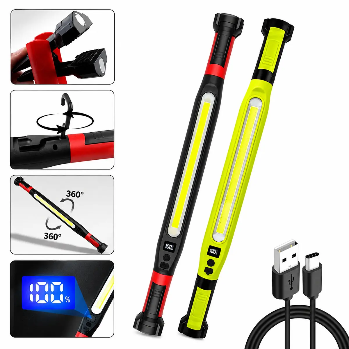 MIKNATISLI TYPE-C ŞARJ - DİJİTAL GÖSTERGE 360° DÖNEBİLEN GÖVDE - ASKI KANCA - ÇİFT RENK - 52.5CM EL FENER - IŞILDAK ÇOK AMAÇLI LED ÇALIŞMA LAMBASI 4 FONKSİYON RENKLİ KL-D95 (4745)