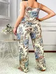 Büyük Beden Mavi Çiçek Desenli İnce Askılı 2'li Saten Pijama-2