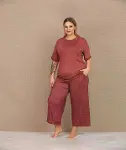 Büyük Beden Viskon Şık Tasarım Kelebek Desenli Bordo Kısa Kol Kapri Takım-2