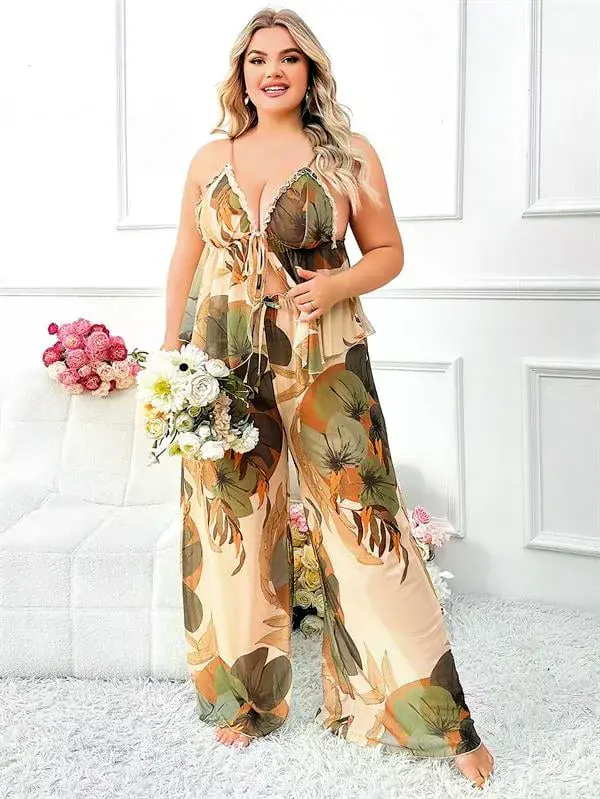 Özel Tasarım Büyük Beden Çiçek Desenli İnce Askılı 2'li Pijama Takımı