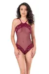Dantel İşlemeli Bordo File Tül Bodysuit-1