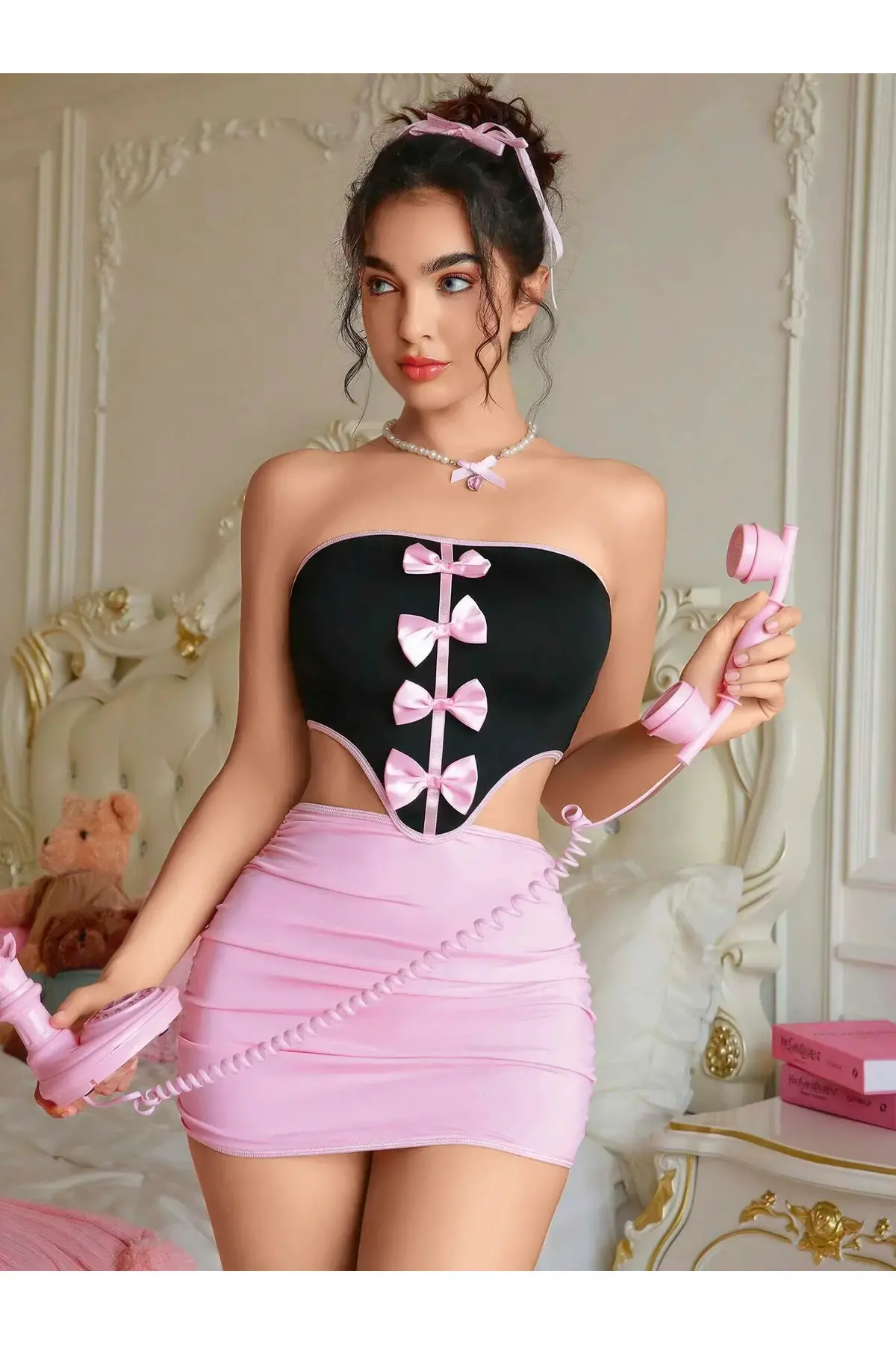 Kadın Pembe Etekli Fiyonk Detaylı Elbise 2154