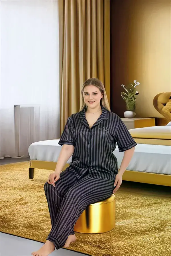 Büyük Beden Şık Tasarım Siyah Çizgili Düğmeli Kısa Kol Lüx Saten Pijama Takımı