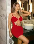 Zincir Detaylı Göğüs Dekolteli Kırmızı Mini Club Elbisesi-4