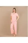 Viskon Şık Tasarım Dantel İşlemeli Açık Pembe Kısa Kol Pijama Takımı-2