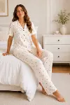 Beyaz Kiraz Desenli Kısa Kollu Gömlek Yaka Milan Kumaş Kadın Pijama Takımı-3