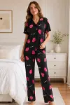 Siyah Çilek Desenli Kısa Kollu Gömlek Yaka Milan Kumaş Kadın Pijama Takımı-3