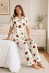 Ekru Çilek Desenli Kısa Kollu Gömlek Yaka Milan Kumaş Kadın Pijama Takımı-2