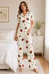 Ekru Çilek Desenli Kısa Kollu Gömlek Yaka Milan Kumaş Kadın Pijama Takımı-3