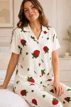 Ekru Çilek Desenli Kısa Kollu Gömlek Yaka Milan Kumaş Kadın Pijama Takımı-1