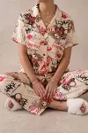 Ekru Ayıcık Desenli Kısa Kollu Gömlek Yaka Milan Kumaş Kadın Pijama Takımı-2