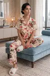 Ekru Ayıcık Desenli Kısa Kollu Gömlek Yaka Milan Kumaş Kadın Pijama Takımı-1