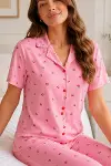 Pembe Kiraz Desenli Kısa Kollu Gömlek Yaka Milan Kumaş Kadın Pijama Takımı-2