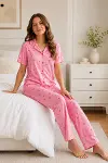Pembe Kiraz Desenli Kısa Kollu Gömlek Yaka Milan Kumaş Kadın Pijama Takımı-3