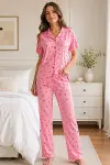 Pembe Kiraz Desenli Kısa Kollu Gömlek Yaka Milan Kumaş Kadın Pijama Takımı-1