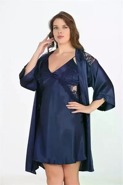 Premium Büyük Beden Saten Dantel İşlemeli Lacivert 2'li Gecelik Sabahlık Takımı Bigsize