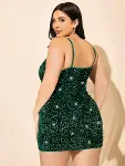 Özel Tasarım Büyük Beden Yeşil Payetli Parlak Işıltılı Mini Club Elbisesi-3