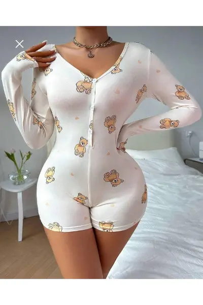 Mulvxbrf Brf02 Pamuklu Beyaz Ayıcık Desenli Düğmeli Uzun Kol Tulum Pijama (Mulvix)