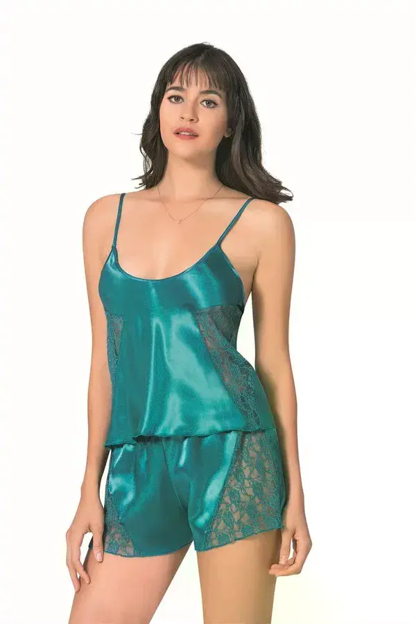 Petrol Saten Babydoll Şort Takımı