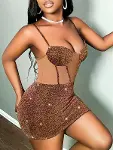 Özel Tasarım Kahverengi Parlak Işıltılı Göğüs Dekolteli Mini Club Elbisesi-1