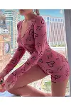 Pamuklu Pembe Siyah Kalp Desenli Düğmeli Uzun Kol Tulum Pijama-2