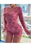 Pamuklu Pembe Siyah Kalp Desenli Düğmeli Uzun Kol Tulum Pijama-3