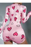 Pamuklu Pembe Kalp Desenli Düğmeli Uzun Kol Tulum Pijama-3
