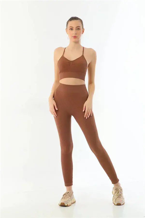 Kahve MI 3921 Soft Seamless Ripli Tayt Yoga Takımı