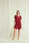 Kısa Kollu Dantelli V Yaka Şort Pijama Takımı-5