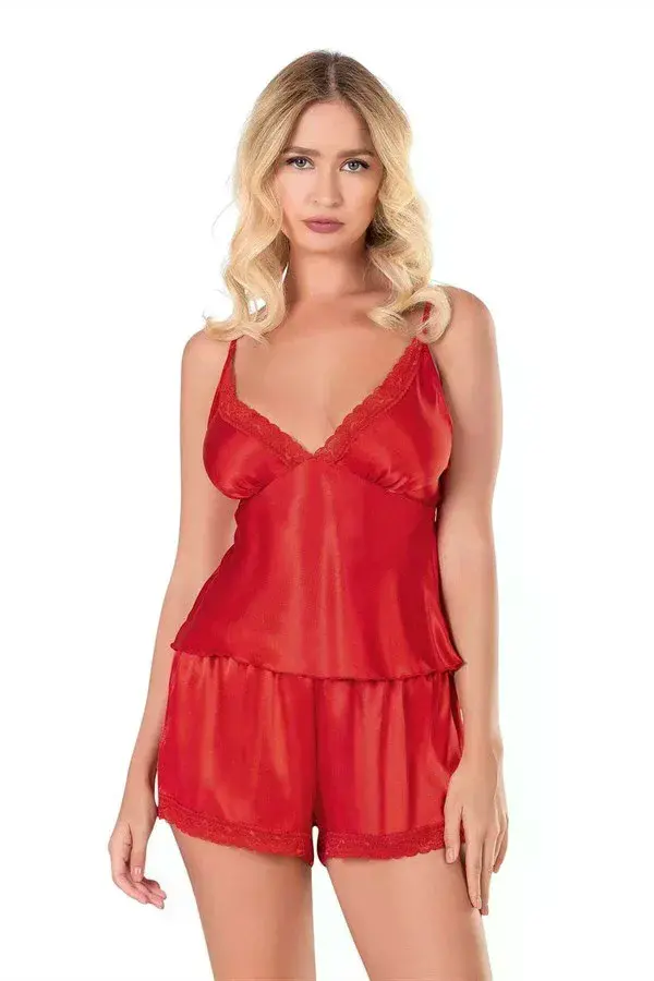 Kırmızı Saten Babydoll Şort Takımı